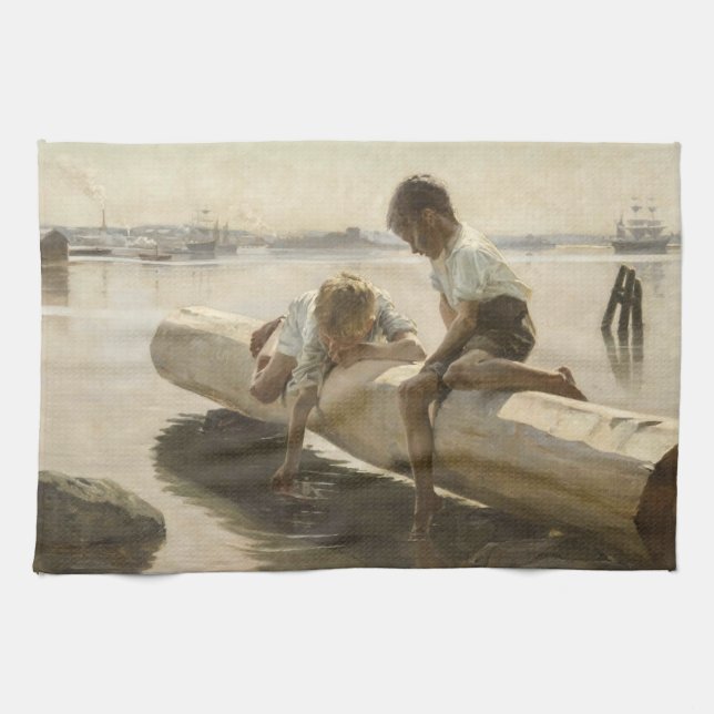 Albert Edelfelt - Two Boys on a Log Tea Towel (Horizontal)