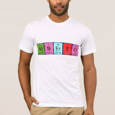 Shirt featuring the name Alberto spelled out in symbols of the chemical elements