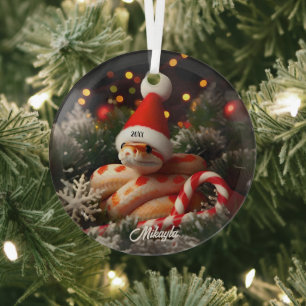 Albino Corn Snake in a Santa Hat Christmas Glass Tree Decoration