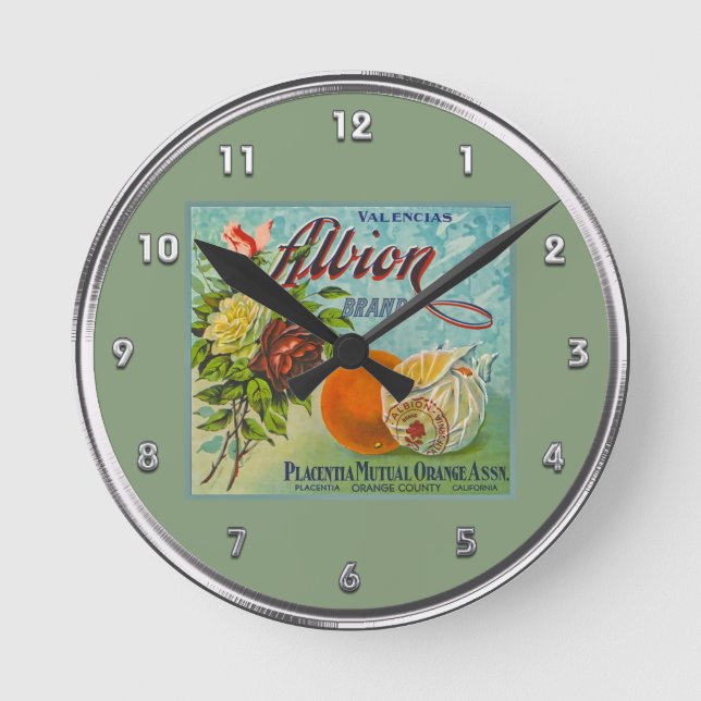 Albion Oranges Fruit Crate Label Round Clock (Front)