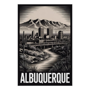 Albuquerque New Mexico Skyline Black White Woodcut Poster