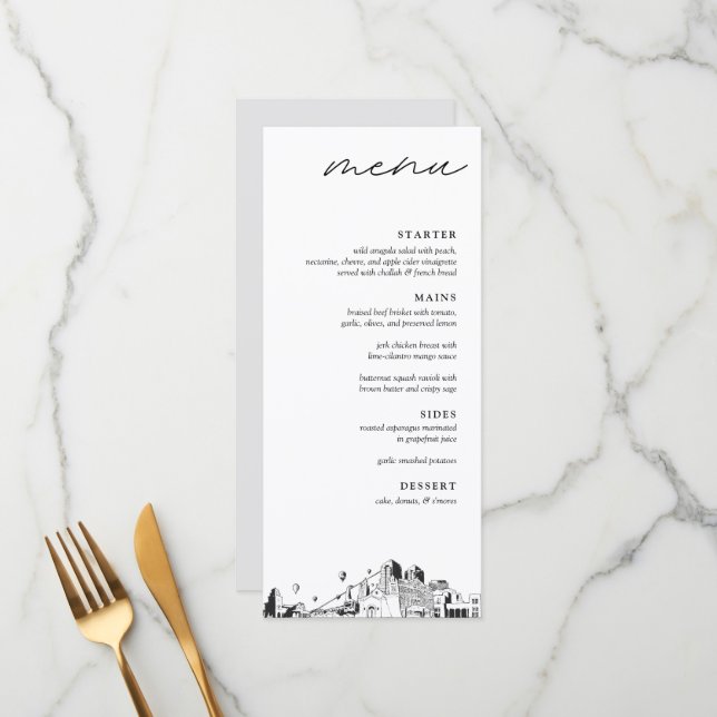 Albuquerque Skyline Modern Wedding Dinner Menu (Front/Back In Situ)