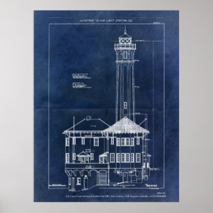 Alcatraz Island Lighthouse Blueprint Vintage Poster