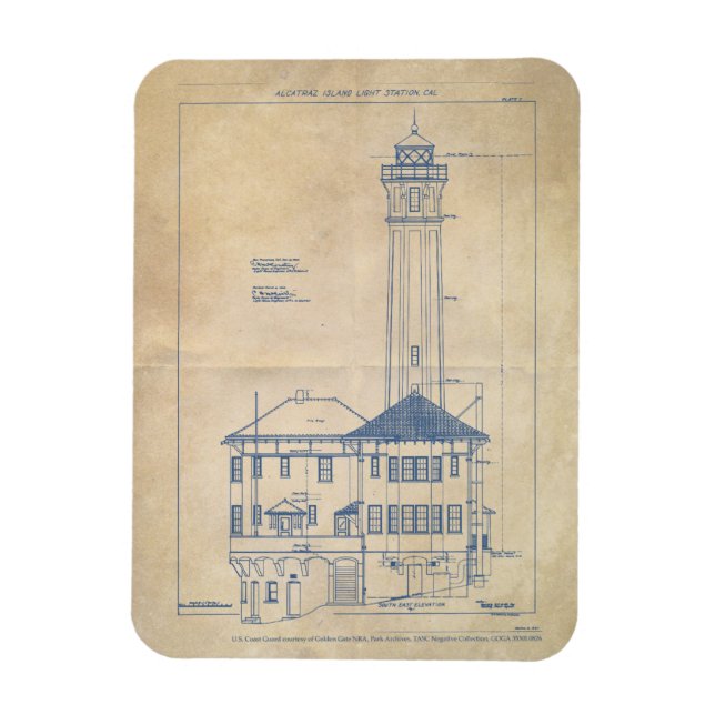 Alcatraz Island Lighthouse Vintage Blueprint Magnet (Vertical)