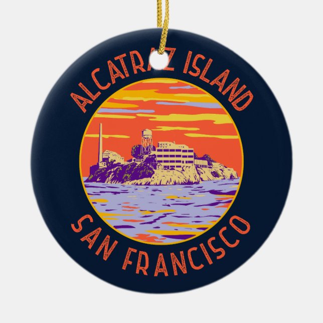 Alcatraz Island San Francisco Distressed Circle Ceramic Tree Decoration (Front)