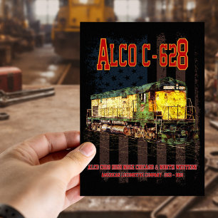 Alco C-628 Diesel Locomotive and American flag Postcard