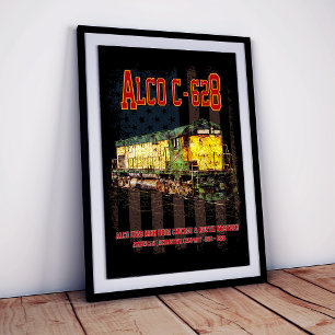 Alco C-628 Diesel Locomotive and American flag Poster