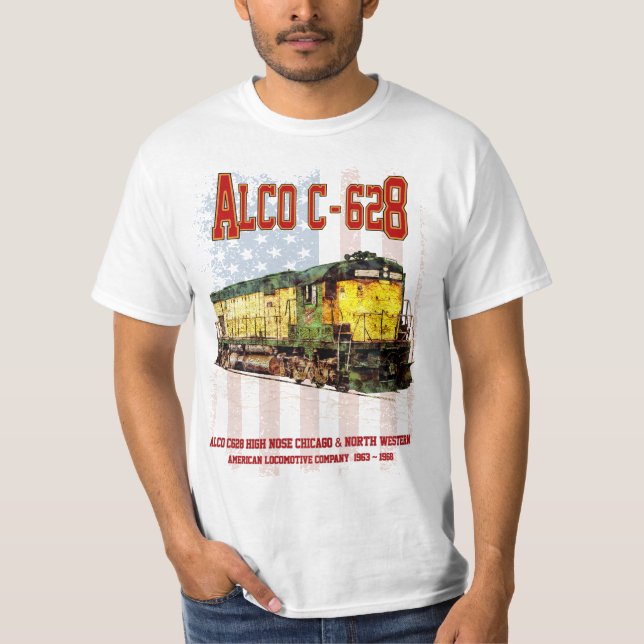 Alco C-628 Diesel Locomotive and American flag T-Shirt (Front)