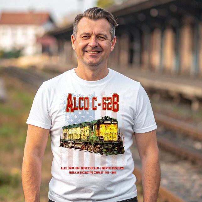 Alco C-628 Diesel Locomotive and American flag T-Shirt (Alco C-628 aka Alco Century 628 Diesel Locomotive. Mens Basic T-Shirt)