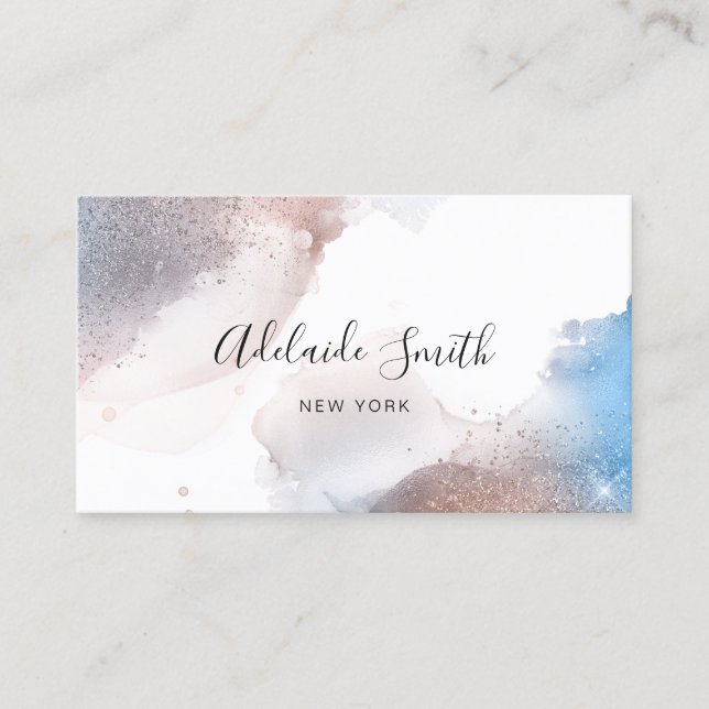alcohol ink and faux glitter blue rose gold business card (Front)