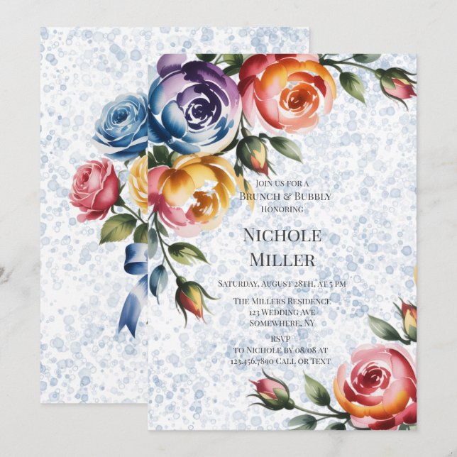 Alcohol Ink Blue Orange Roses Brunch & Bubbly Invitation (Front/Back)