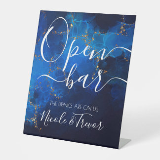 Alcohol Ink Dark Blue Wedding Open Bar Pedestal Sign