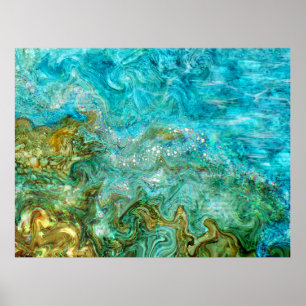 Alcohol Ink Digital Painting Water Waves Beach Poster
