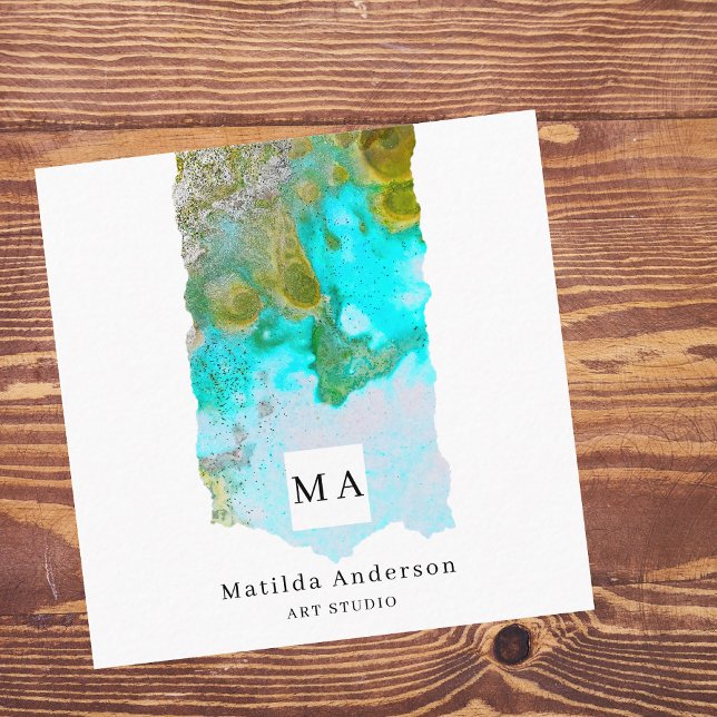 Alcohol Ink Glitter Graphic Artist Studio Monogram Square Business Card (Creator Uploaded)