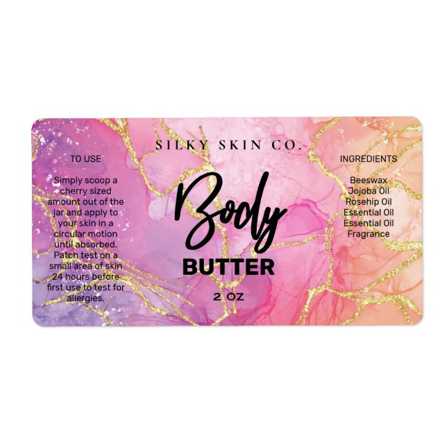 Alcohol Ink Pink And Gold Body Butter Labels (Front)