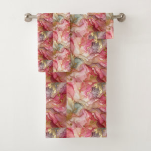 Alcohol Ink Pink and Gold Marble Towel Set