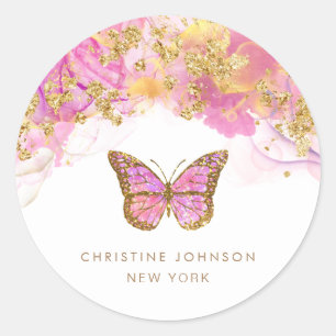 alcohol ink pink butterfly logo classic round sticker