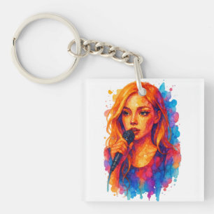 Alcohol Ink Portrait of a Young Female Singer Key Ring