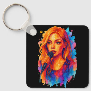 Alcohol Ink Portrait of a Young Female Singer Key Ring
