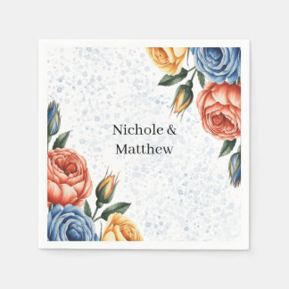 Alcohol Ink Watercolor Blue Orange Roses Wedding Napkin