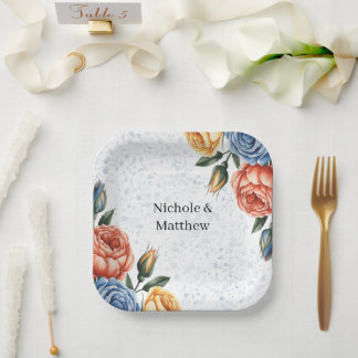 Alcohol Ink Watercolor Blue Orange Roses Wedding Paper Plate