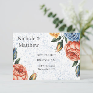 Alcohol Ink Watercolor Blue Orange Roses Wedding Save The Date