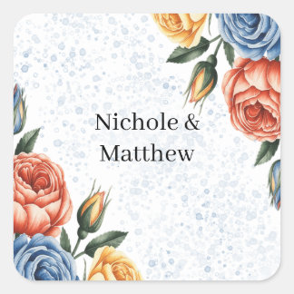 Alcohol Ink Watercolor Blue Orange Roses Wedding Square Sticker
