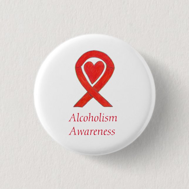 Alcoholism Awareness Red Heart Ribbon Custom Pins (Front)