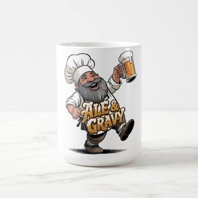 Ale & Gravy Logo Design featuring a Jolly Chef Coffee Mug (Center)
