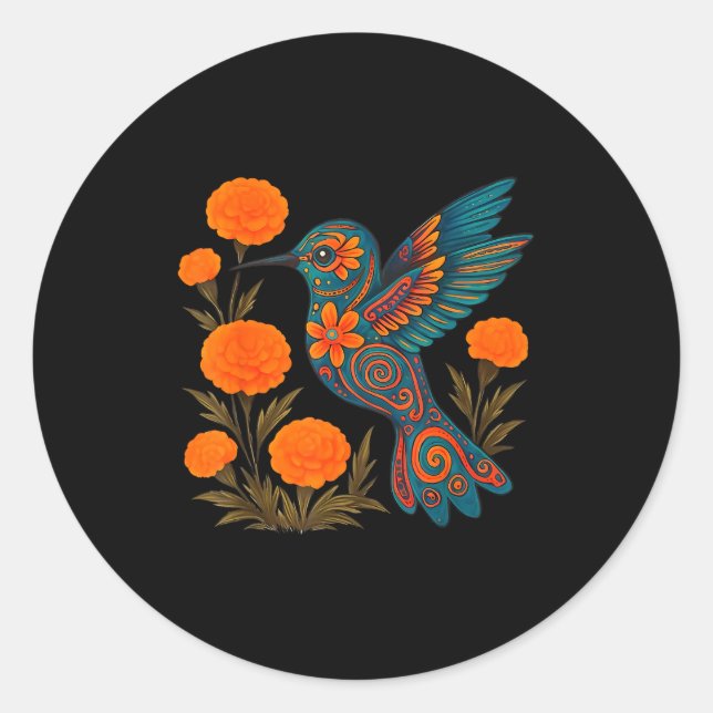 Alebrije Hummingbird Flower Mexican Folk Art Bird  Classic Round Sticker (Front)