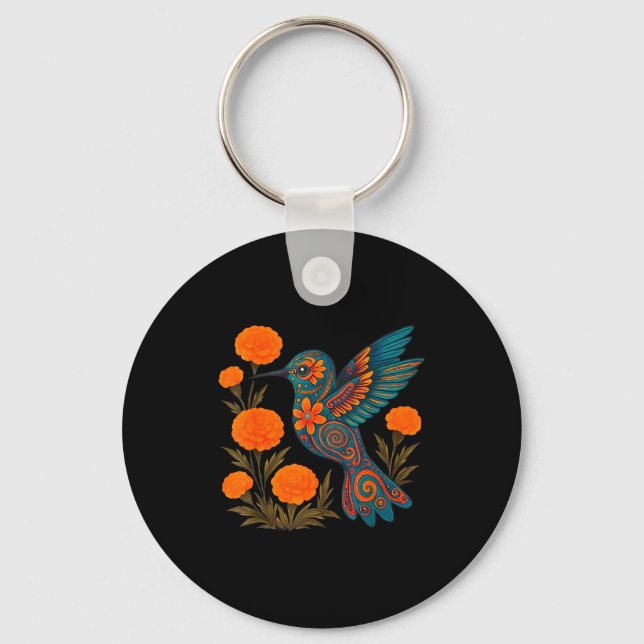 Alebrije Hummingbird Flower Mexican Folk Art Bird  Key Ring (Front)