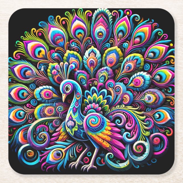 Alebrije Pavo Real Square Paper Coaster (Front)