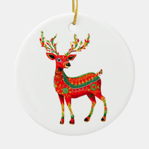 Alebrijes Folk Art Reindeer Customisable Ceramic Tree Decoration