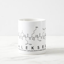 Mug featuring the name Aleksei spelled out in the single letter amino acid code