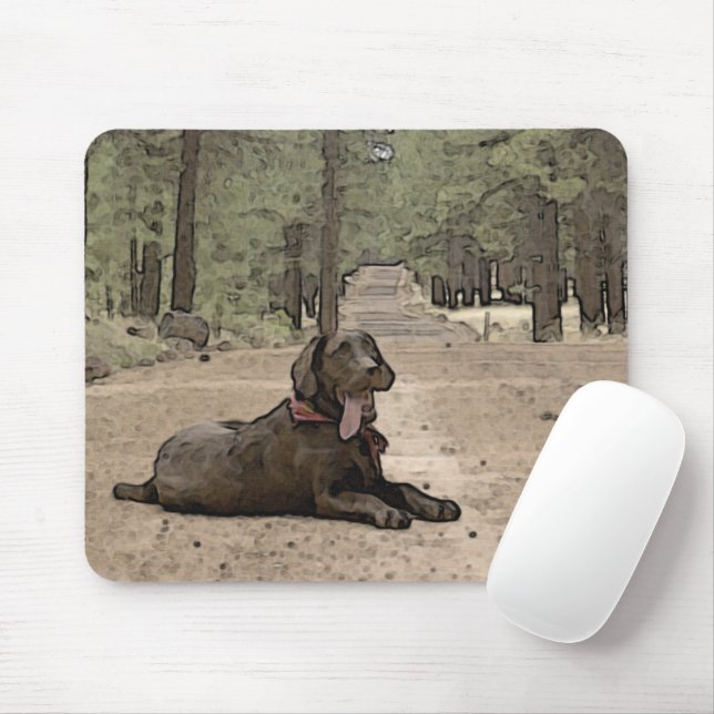 Alert Chocolate Lab On A Forest Trail Artwork Mouse Mat (With Mouse)