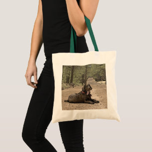 Alert Chocolate Lab On A Forest Trail Tote Bag
