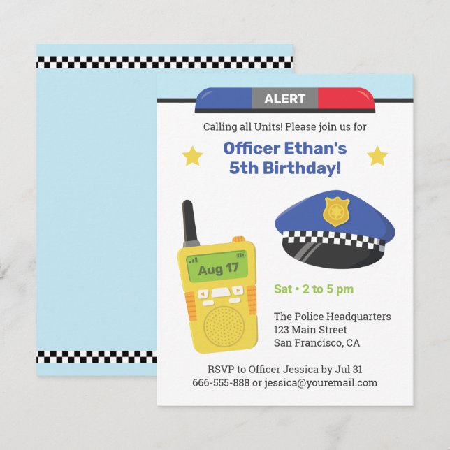 Alert Walkie Talkie Kids Police Birthday Party Invitation (Front/Back)