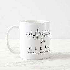 Mug featuring the name Alessandra spelled out in the single letter amino acid code