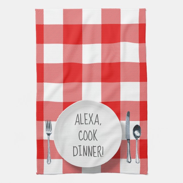 Alexa Command humour on buffalo plaid Tea Towel (Vertical)