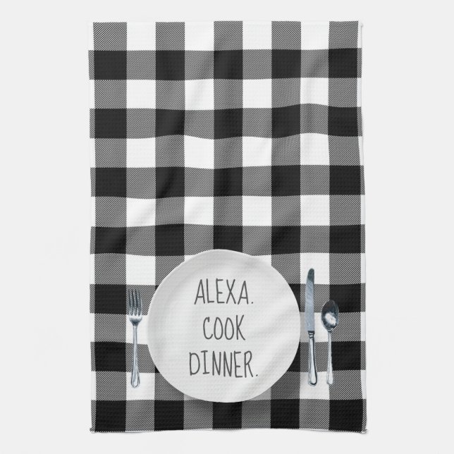 Alexa Command Humour On Buffalo Plaid Tea Towel (Vertical)