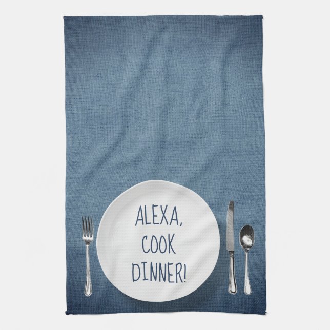 Alexa Command humour on denim blue Tea Towel (Vertical)