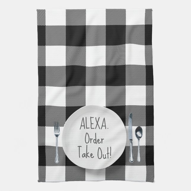 Alexa Command Humour On Plaid Tea Towel (Vertical)