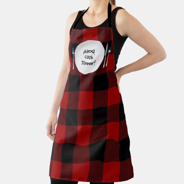 Alexa command on buffalo plaid apron (Insitu)