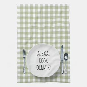 Alexa Command On Green Gingham Tea Towel