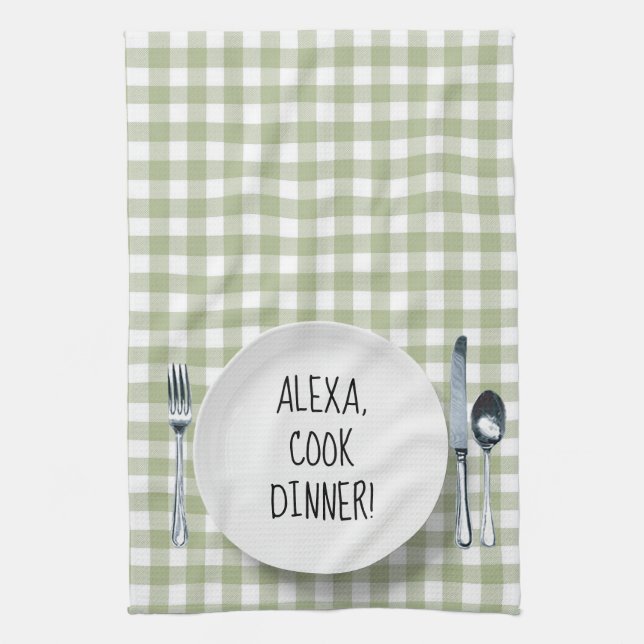 Alexa Command On Green Gingham Tea Towel (Vertical)