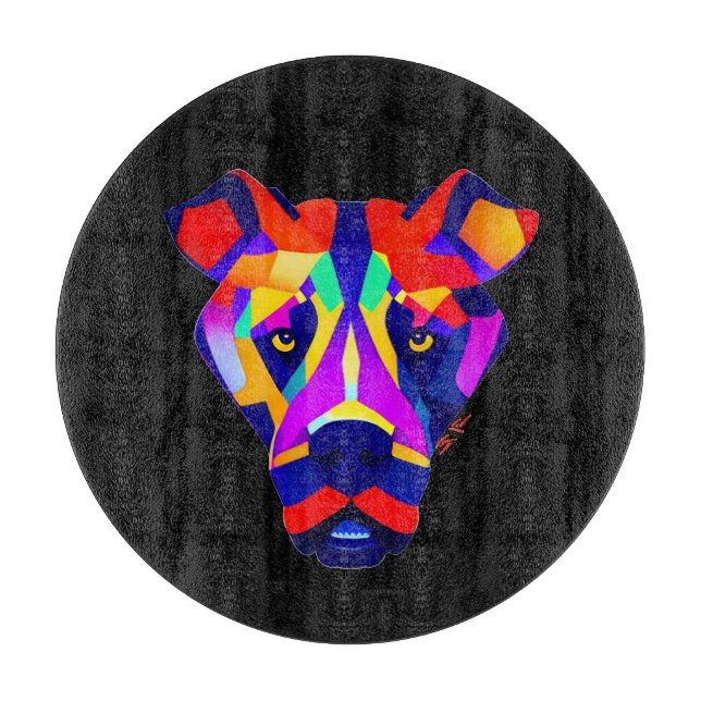Alexander's Dog black round glass cutting board (Front)