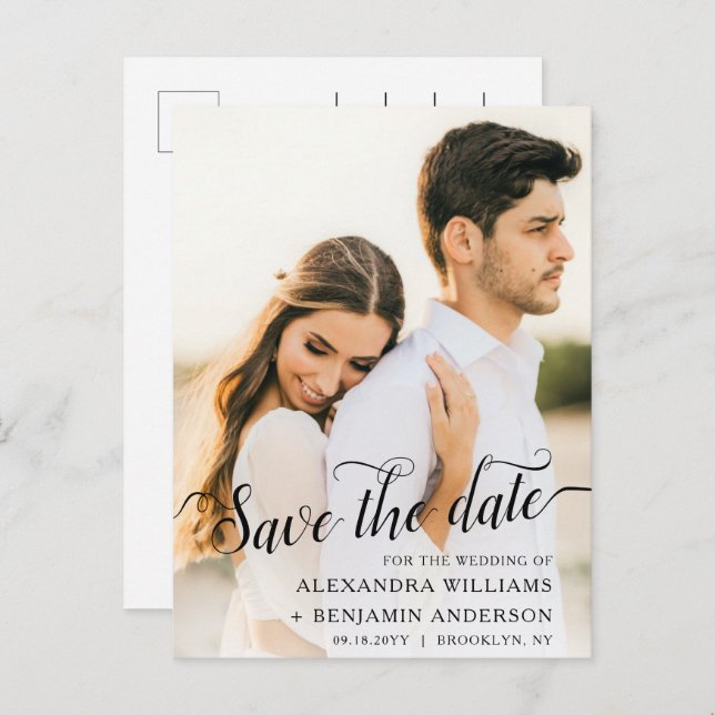 Alexandra Elegant Black Script Photo Save the Date Announcement Postcard (Front/Back)