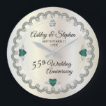 Alexandrite Diamonds 55th Wedding Anniversary  Large Clock<br><div class="desc">Opulent elegance frames this 55th wedding anniversary design in a unique scalloped diamond design with centre teardrop diamond with heart-shaped alexandrite (teal coloured gemstone) accents and faux added sparkles on a white gold-tone gradient. Please note that all embellishments are printed and are only made to appear as real as possible...</div>