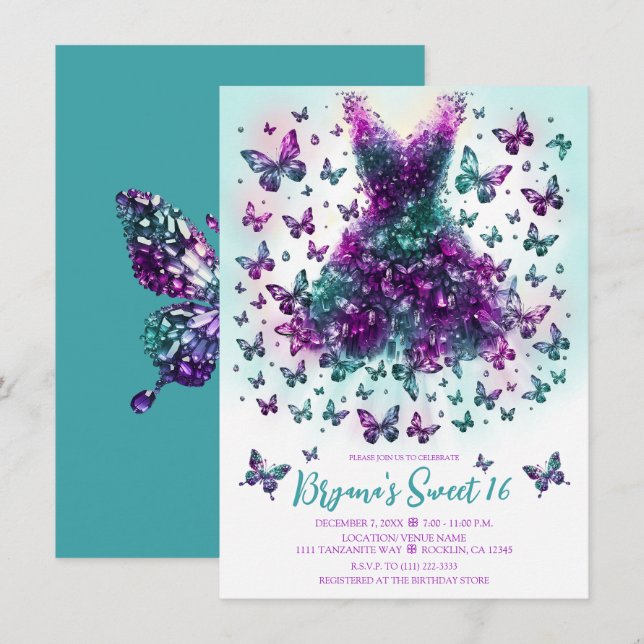Alexandrite Teal Butterfly Dress June Birthstone Invitation (Front/Back)