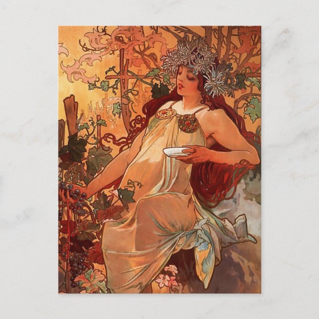 Alfons Mucha Art Nouveau Autumn Painting Postcard (Front)